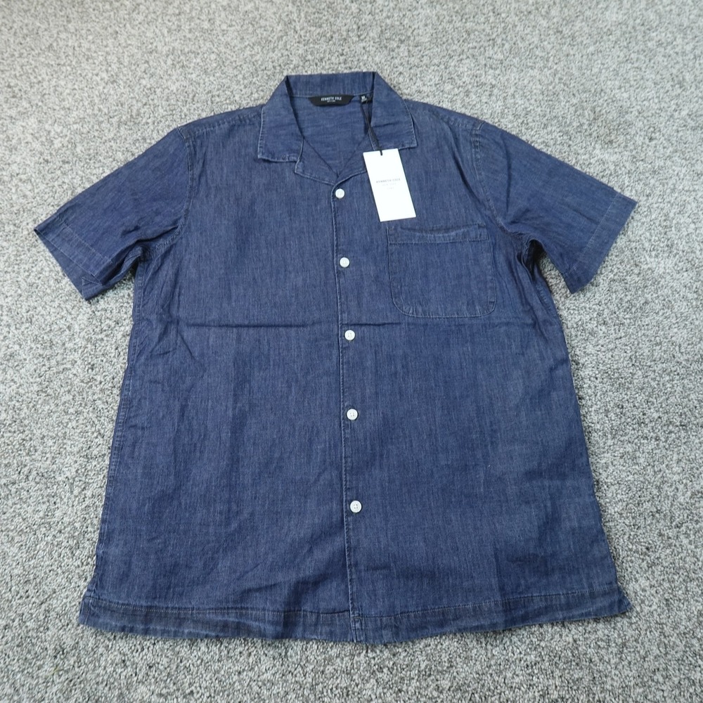 NEW Kenneth Cole Shirt Mens M Blue Denim Chambray Short Sleeve Button Up Casual